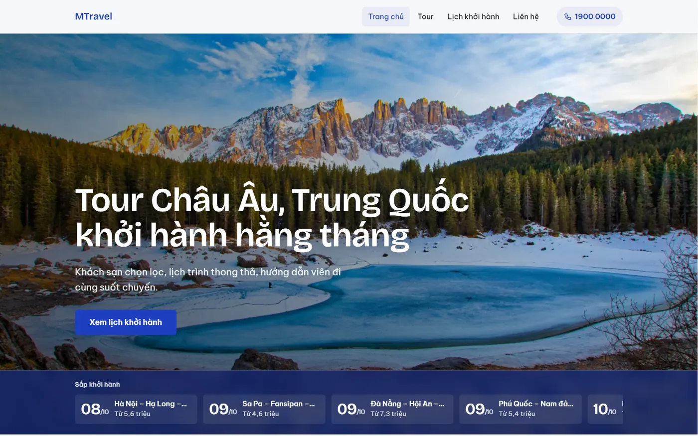 Website bán tour mẫu trên máy tính: ảnh bìa lớn và dải lịch khởi hành sắp tới