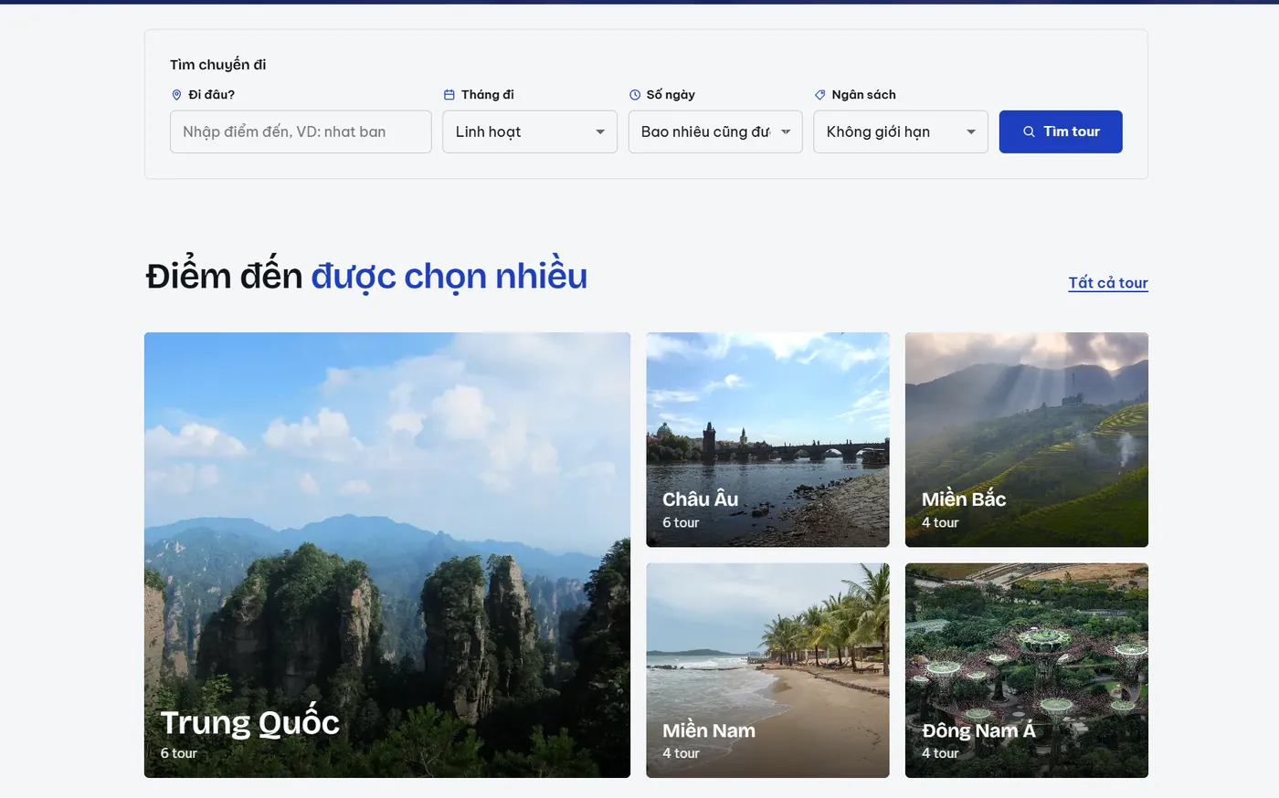 Khối điểm đến và ô tìm tour trên website mẫu